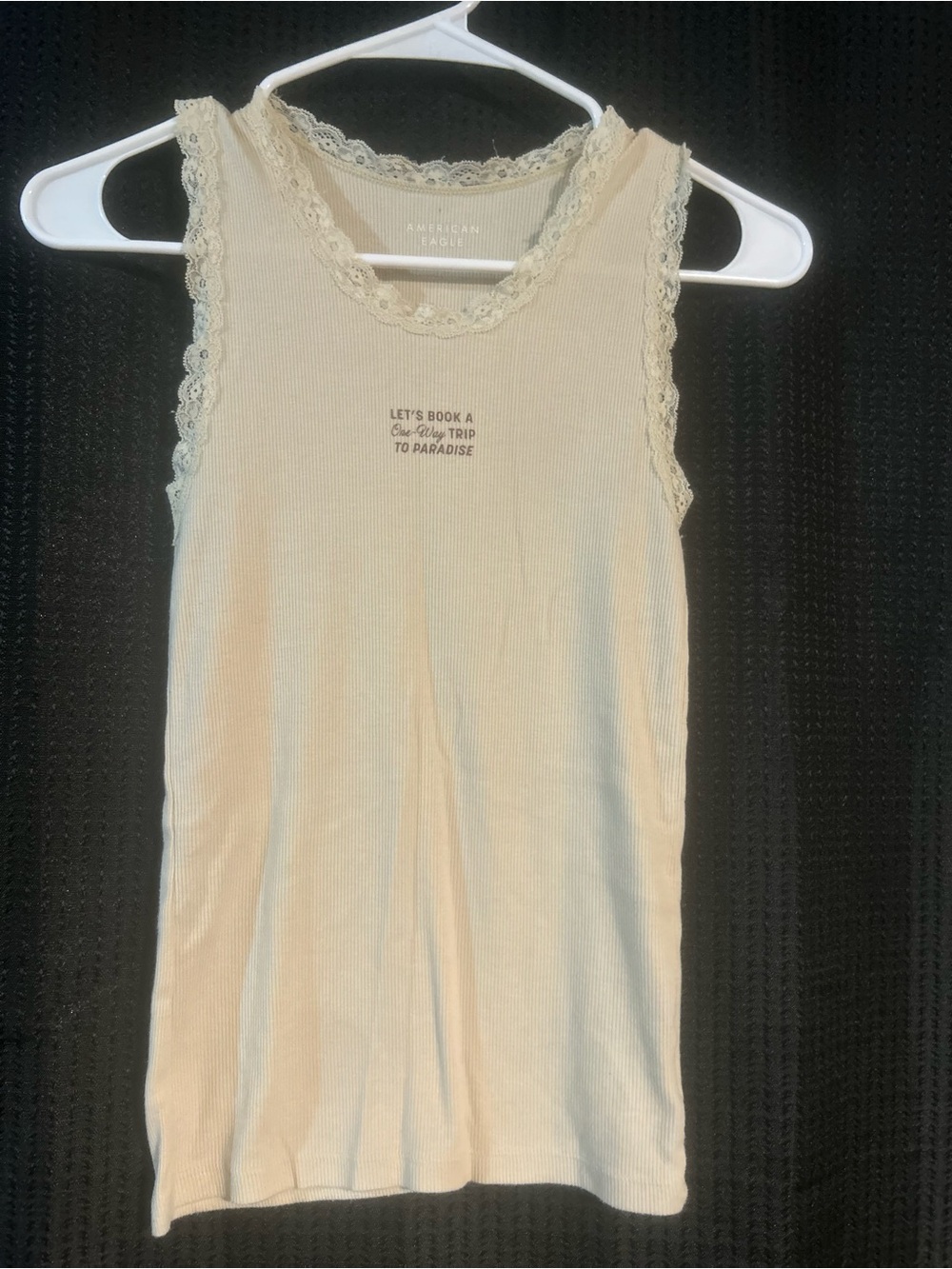 American Eagle Outfitters Cream Ribbed Lace-Trim Tank with Print